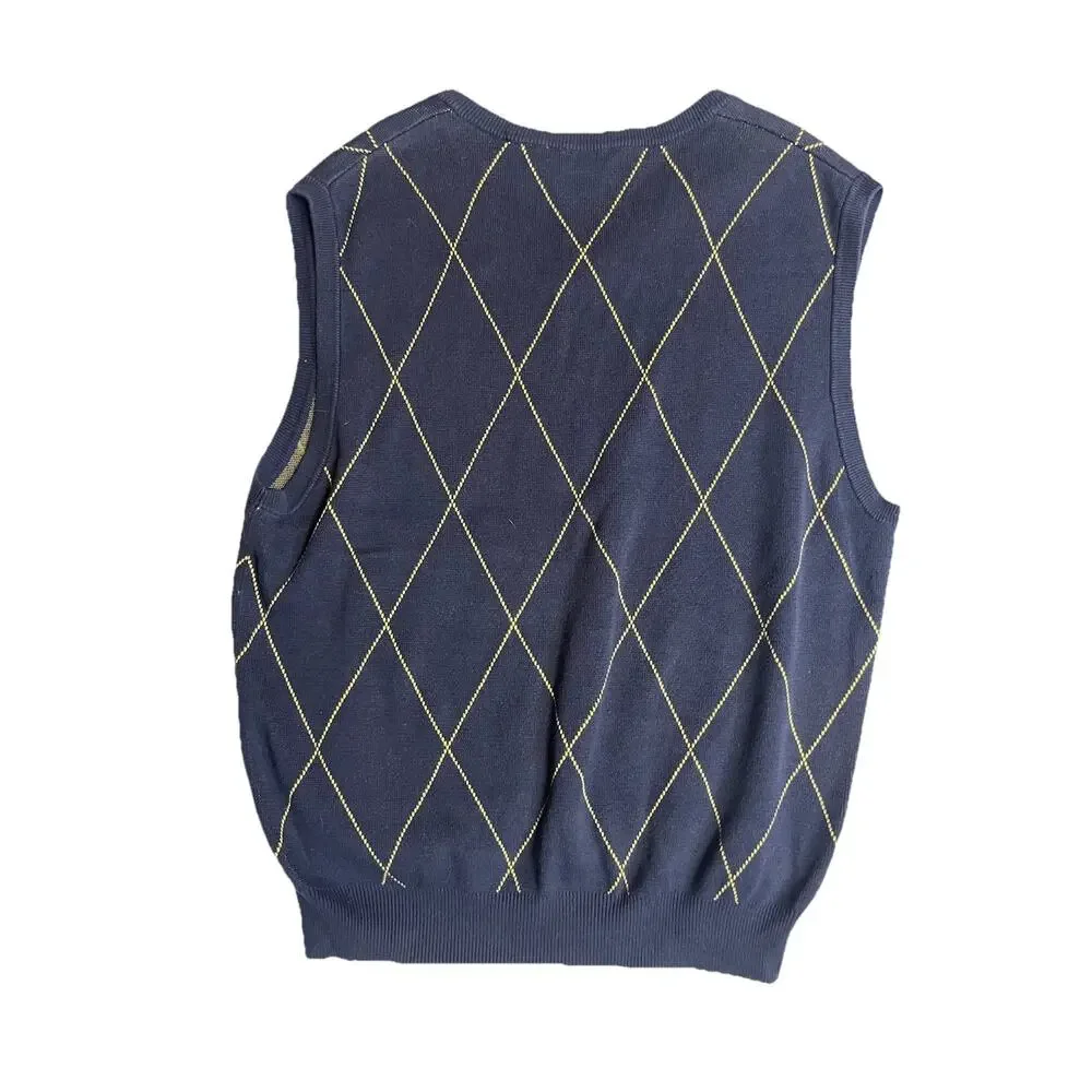 vintage Gold brand Notre Dame Fighting Irish navy blue argyle cotton v-neck L